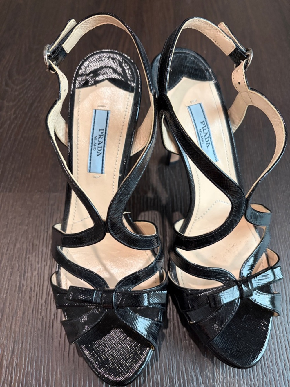 Prada Black Patent Leather Strappy Heels with Bow Accent - Picture 3 of 5